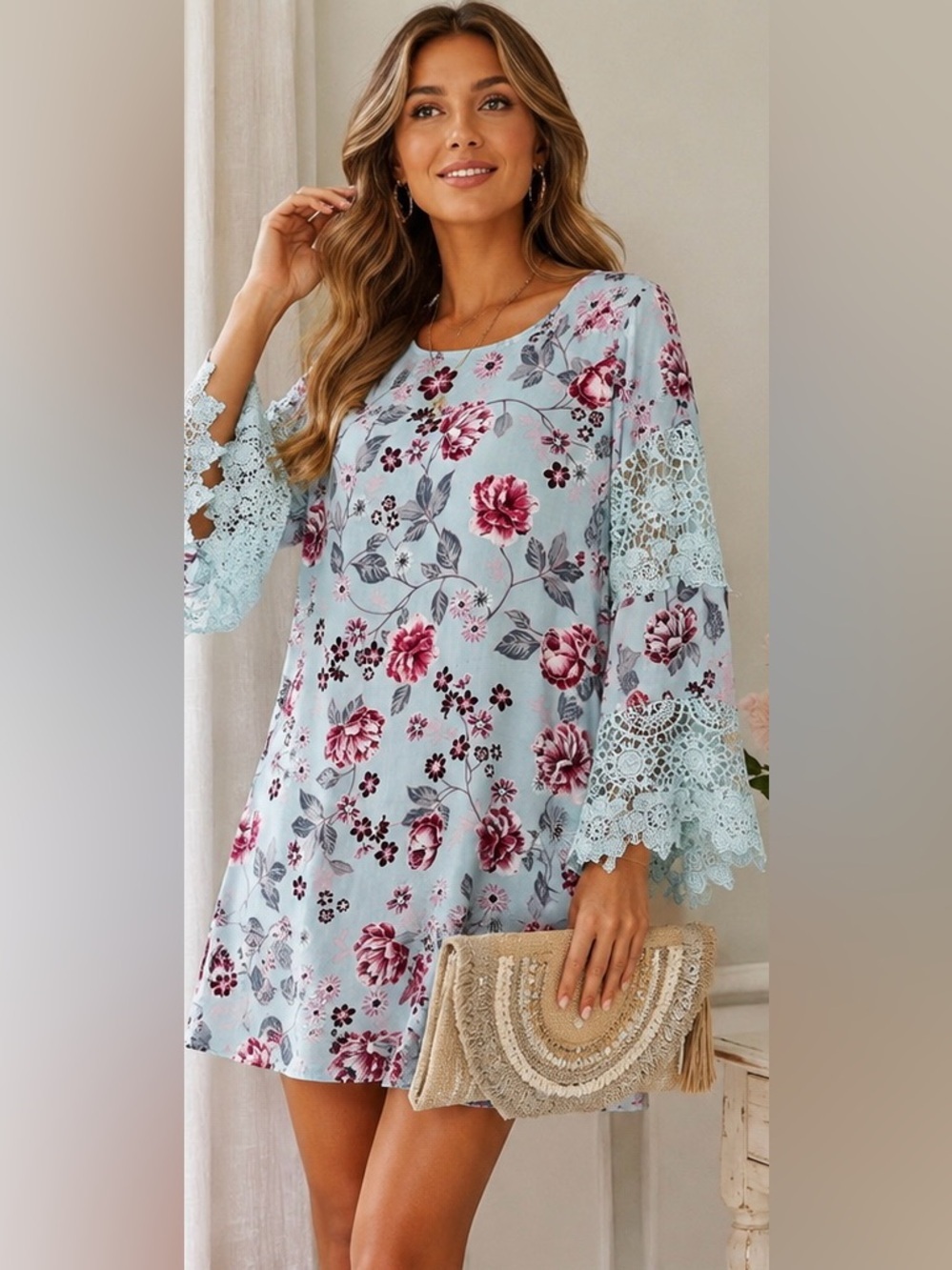 O. Vianca Floral Lace Bell Sleeve Mini Dress Size M | Boho Cottagecore